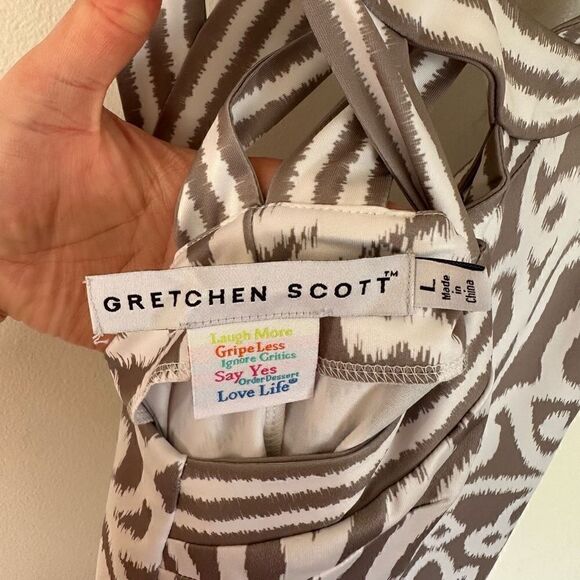 Gretchen Scott Designs Women’s Isosceles Arabesque Taupe and White Sleeveless Je - Picture 9 of 10